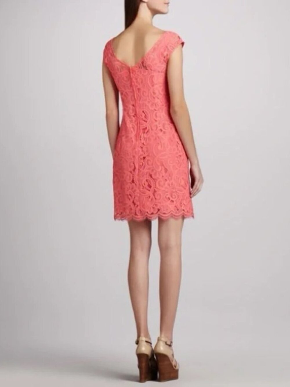 Lilly Pulitzer Rosaline Coral Pink Lace Sheath Dress Cap Sleeve Scalloped Hem - Picture 2 of 8